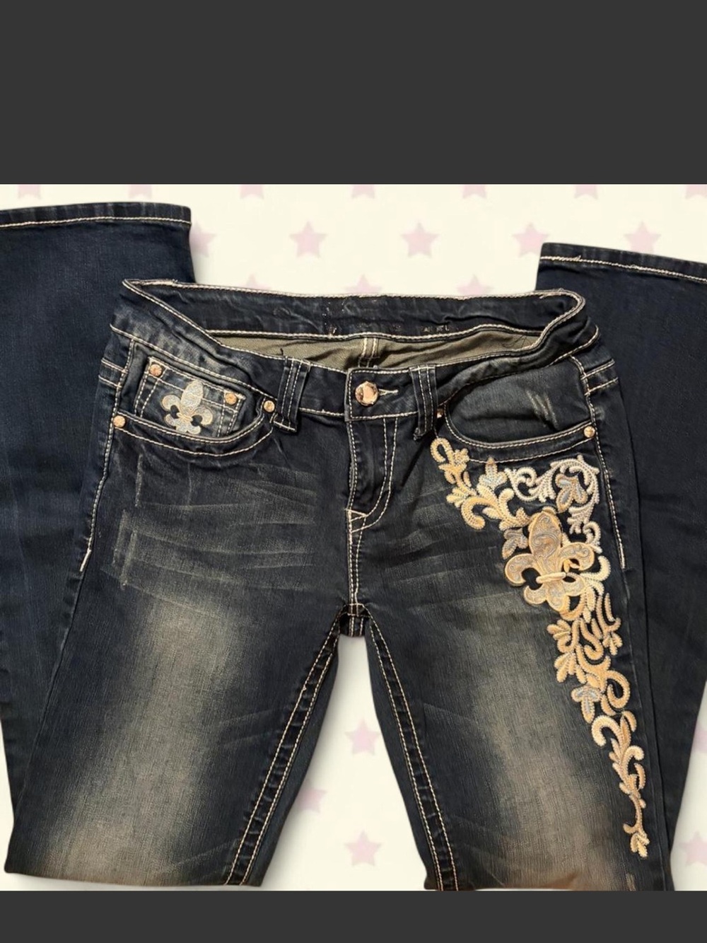 Vintage Low Waist Embroidered Dark Wash Women’s Jeans